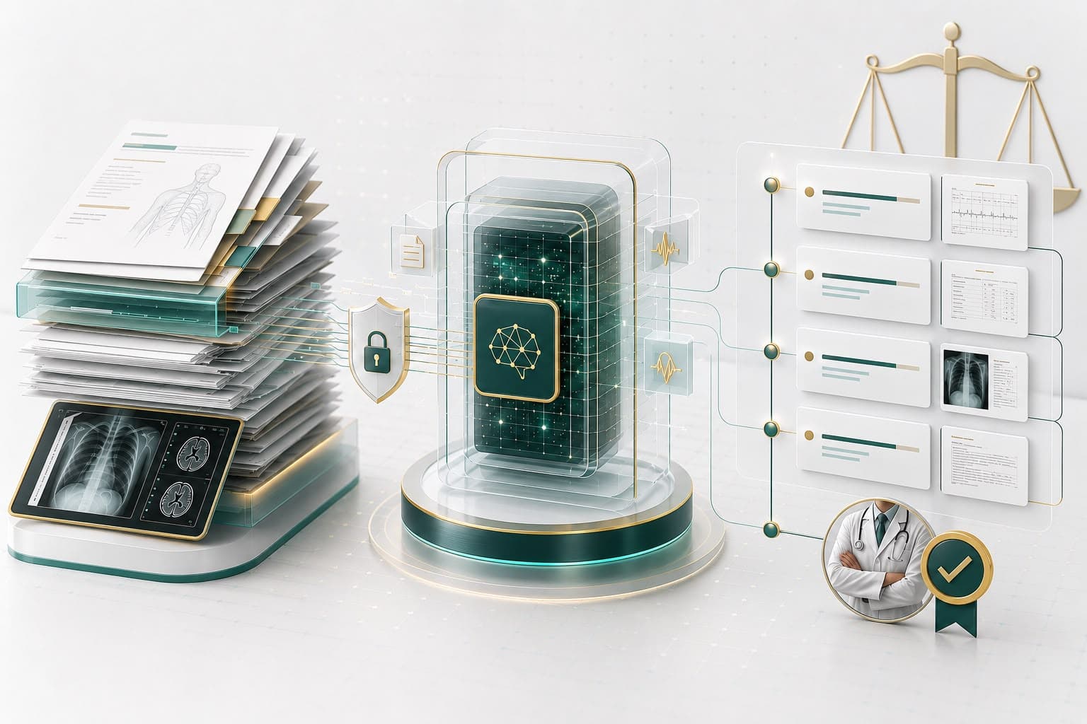 Secure medical records transformed by AI into a source-linked legal case timeline and verified by a physician