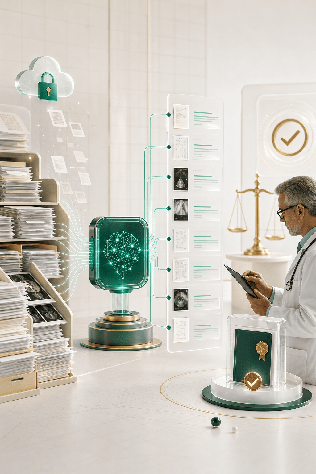 Secure medical records transformed into a source-linked chronology and verified by a physician for legal use